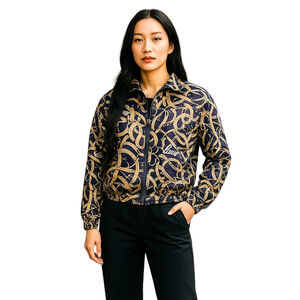 Vintage Silk Jacket Women's Medium 100% Silk Bogari Navy, Beige, and Gold Zip Up